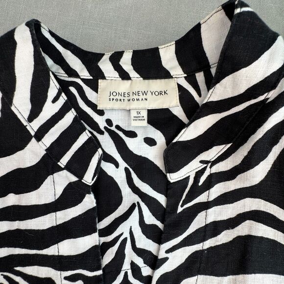 Jones New York Sport Women’s 1X Zebra Print 100% Linen Tunic Blouse 3/4 Sleeve - Picture 2 of 7